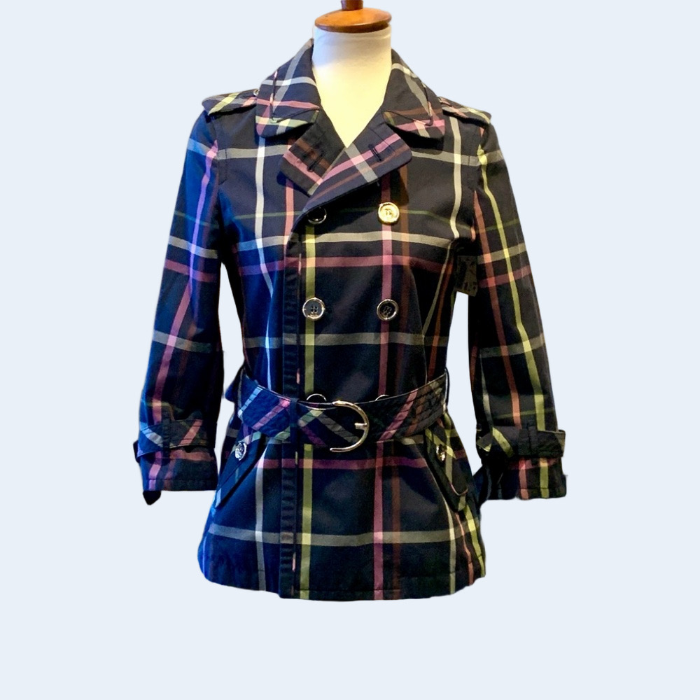COACH TRENCH JACKET PLAID NAVY  X SMALL  NWOT